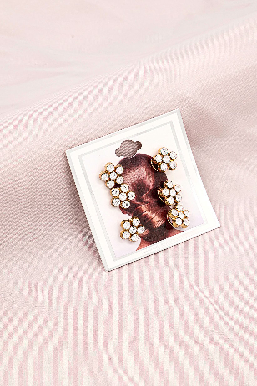 Women 6 Piece Flower Rhinestone Clip, Gold