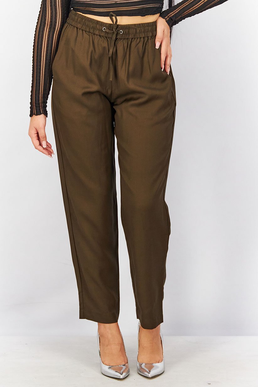 Women Regular Fit Solid Non Stretchable Drawstring Pants, Dark Olive