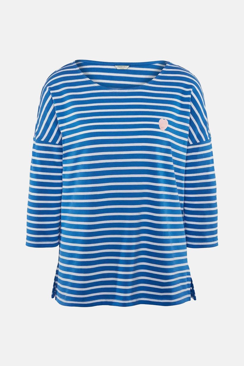 Women Round Neck 3/4 Sleeves Stripe Print Tops, Blue