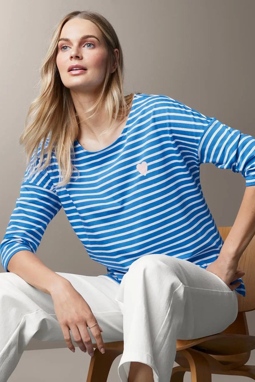 Women Round Neck 3/4 Sleeves Stripe Print Tops, Blue