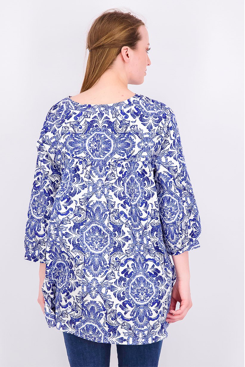 Women Split Neck 3/4 Sleeves Printed Top, Blue