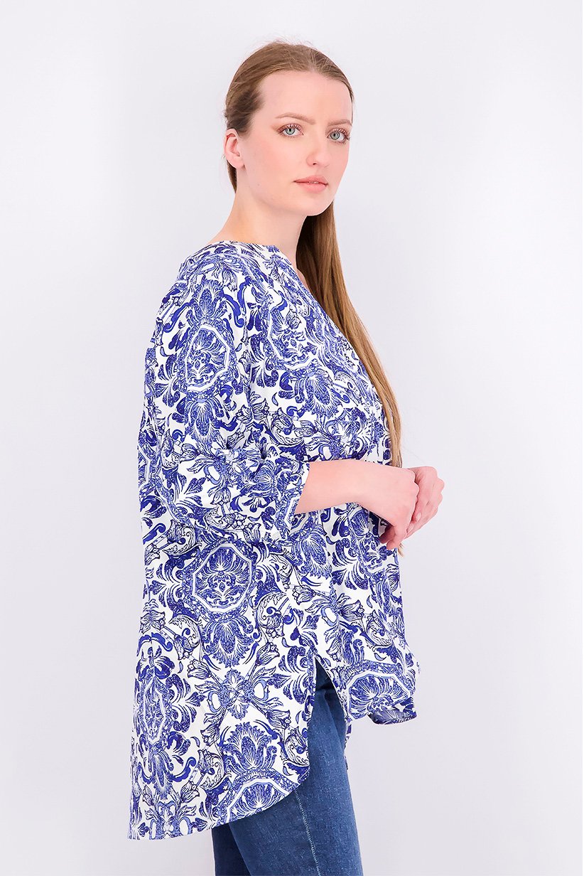 Women Split Neck 3/4 Sleeves Printed Top, Blue