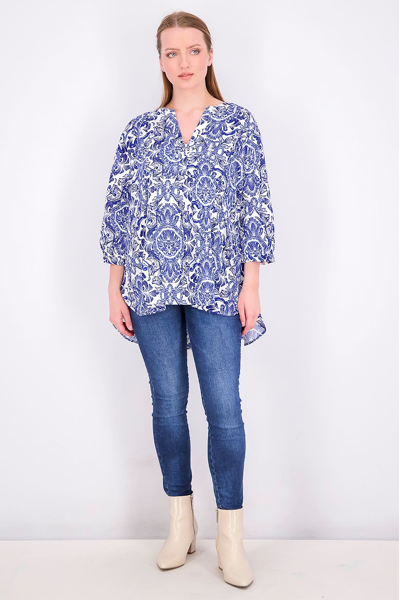 Women Split Neck 3/4 Sleeves Printed Top, Blue