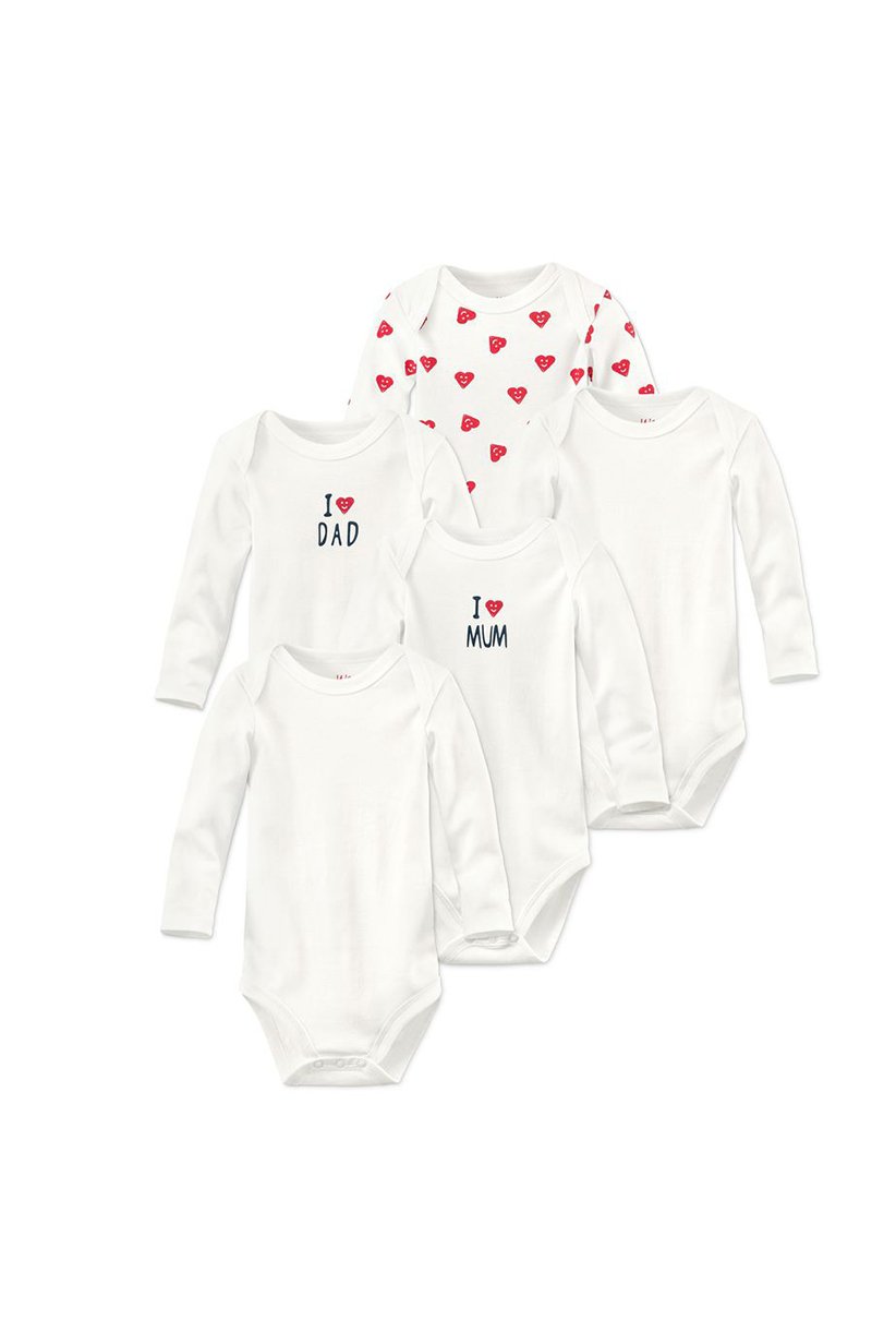 Toddler Unisex 5 Pcs Organic Cotton Long Sleeve Graphic Bodysuits, White