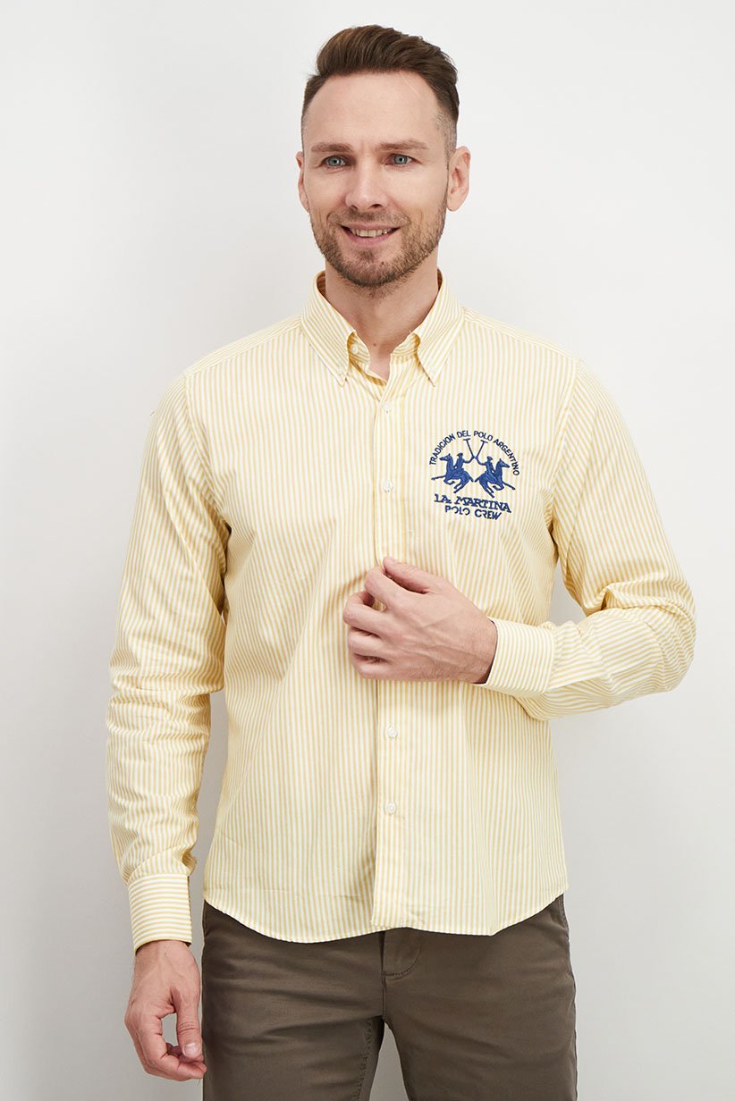 Men Regular Fit Pointed Neck Long Sleeve Stripe Casual Shirt, Marigold and Optic White