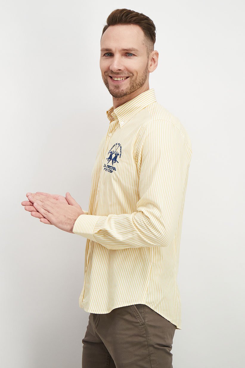 Men Regular Fit Pointed Neck Long Sleeve Stripe Casual Shirt, Marigold and Optic White