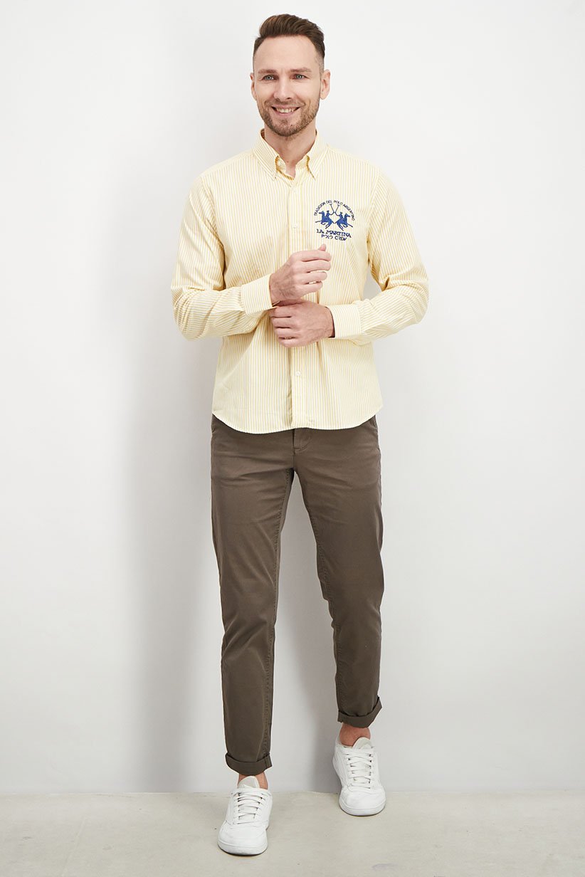 Men Regular Fit Pointed Neck Long Sleeve Stripe Casual Shirt, Marigold and Optic White