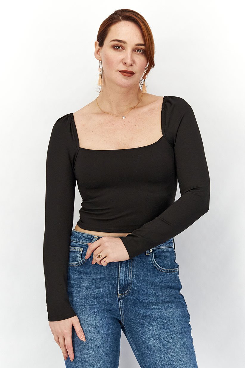 Women Square Neck Long Sleeve Solid Crop Top, Black