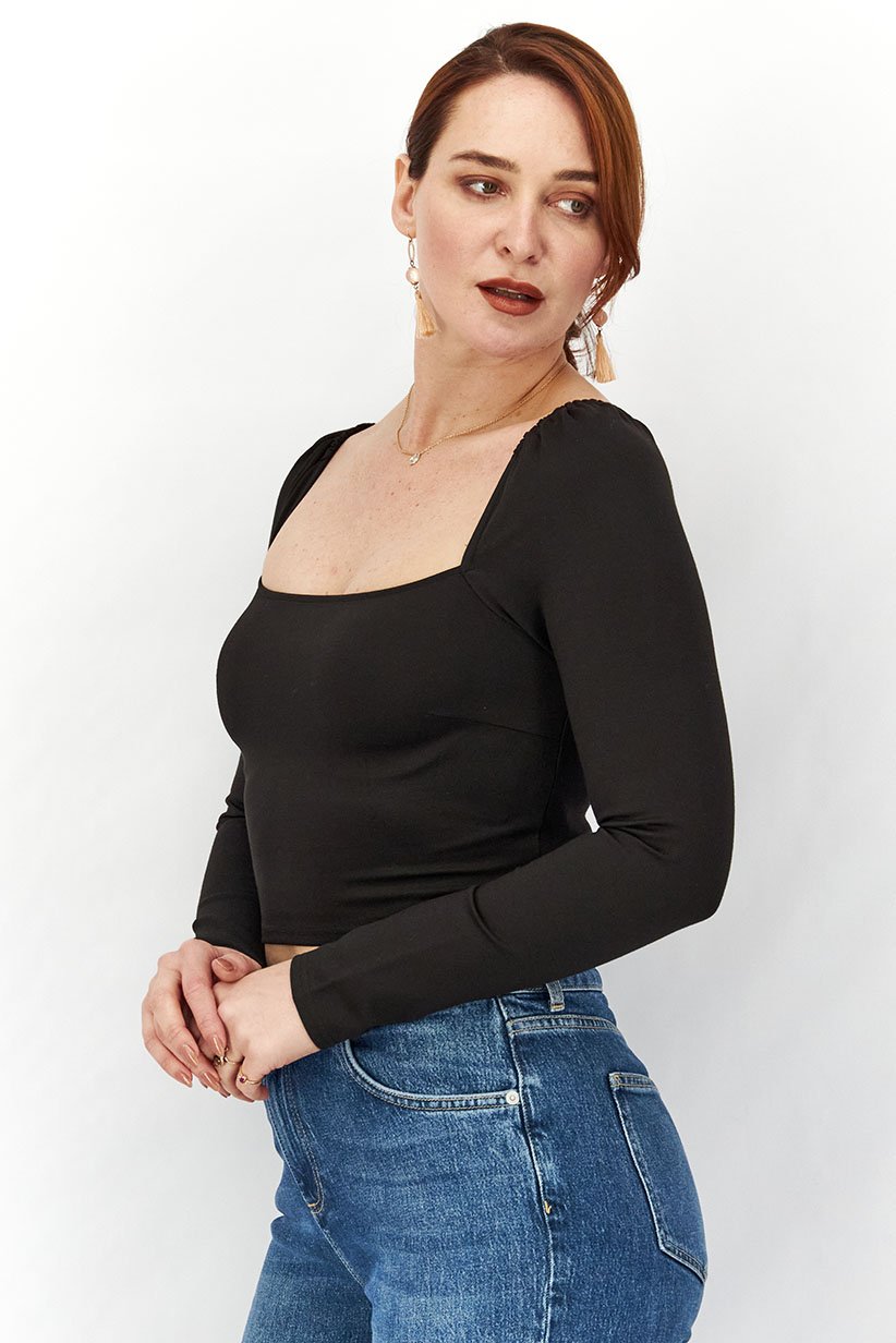 Women Square Neck Long Sleeve Solid Crop Top, Black