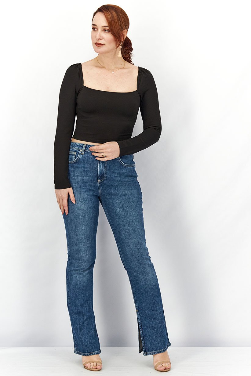 Women Square Neck Long Sleeve Solid Crop Top, Black