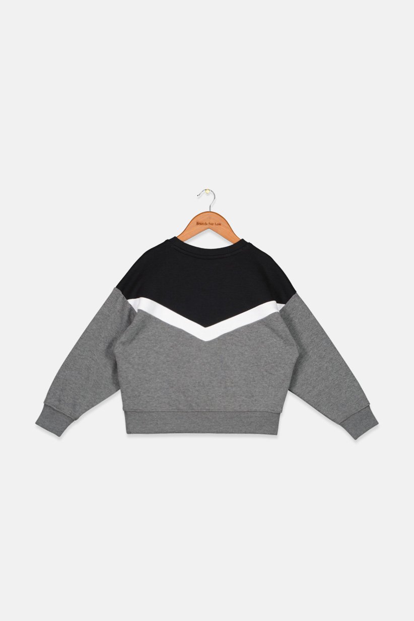 Kids Girl Crew Neck Long Sleeve Brand Logo Sweatshirt, Grey and Black