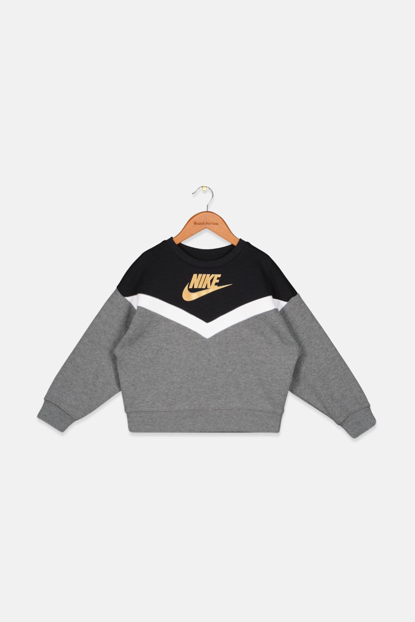 Kids Girl Crew Neck Long Sleeve Brand Logo Sweatshirt, Grey and Black