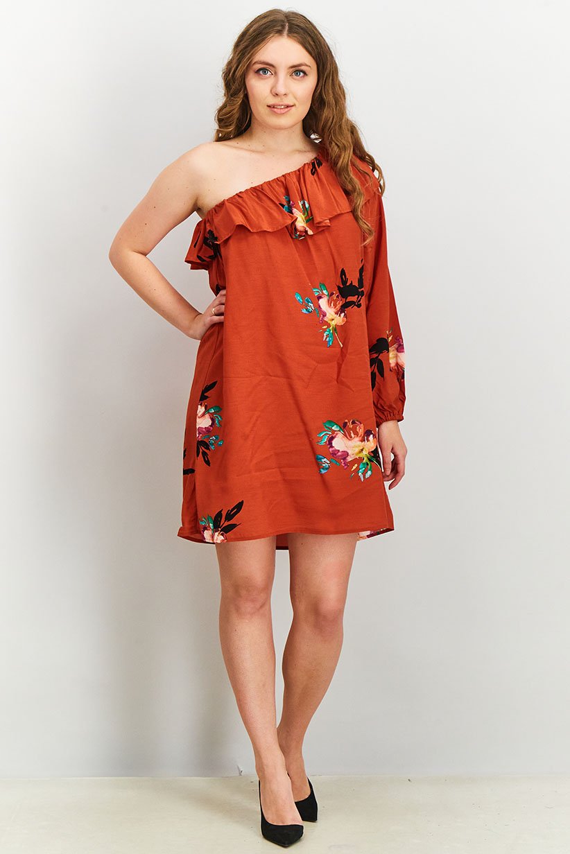 Women Delphine One Shoulder Dress, Copper
