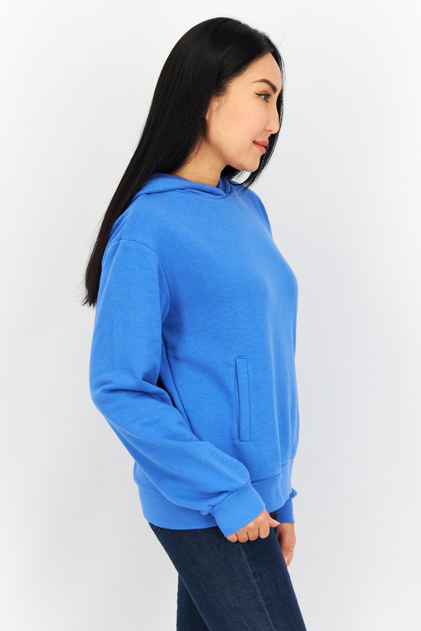 Women Hooded Plain Sweatshirt, Blue
