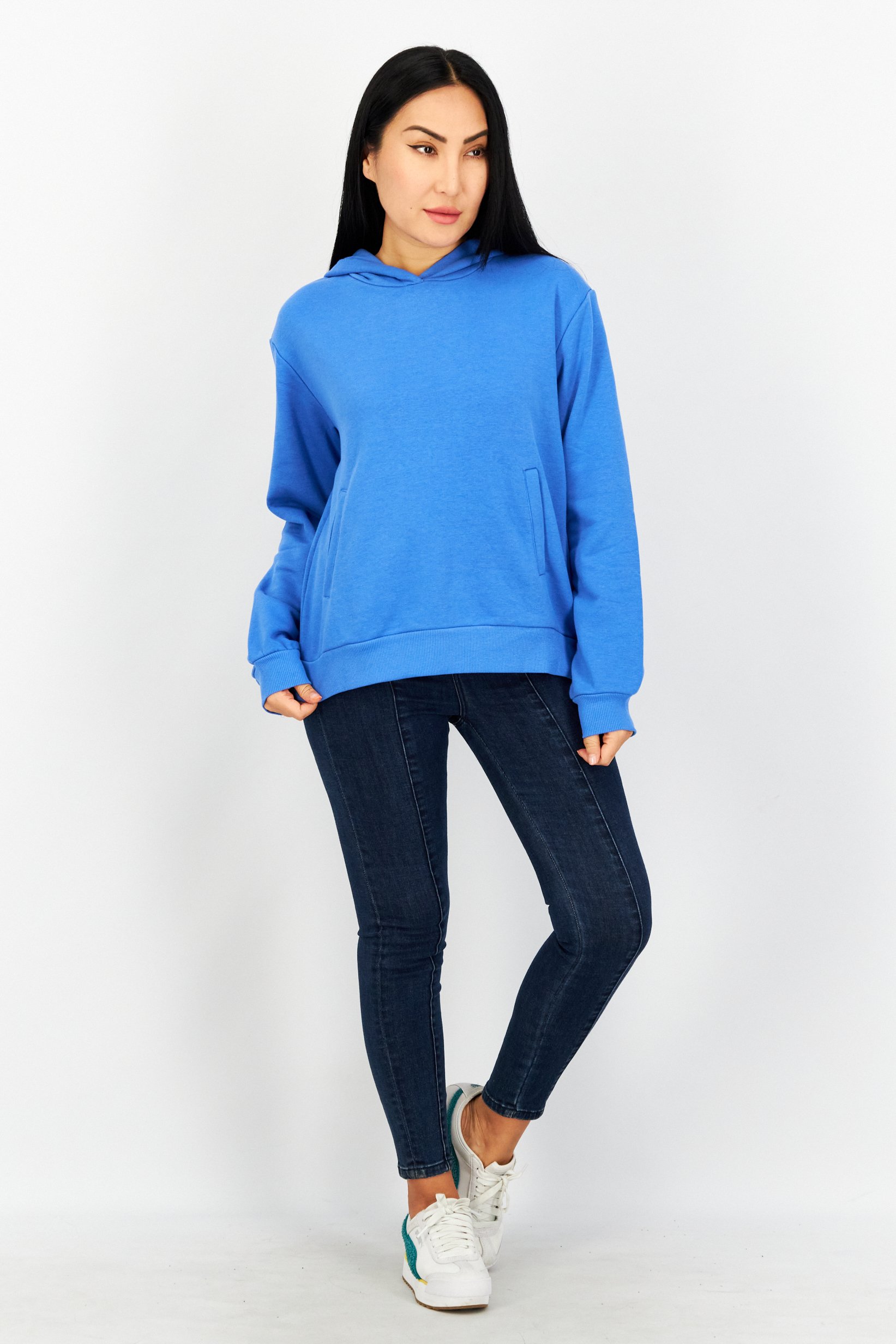 Women Hooded Plain Sweatshirt, Blue