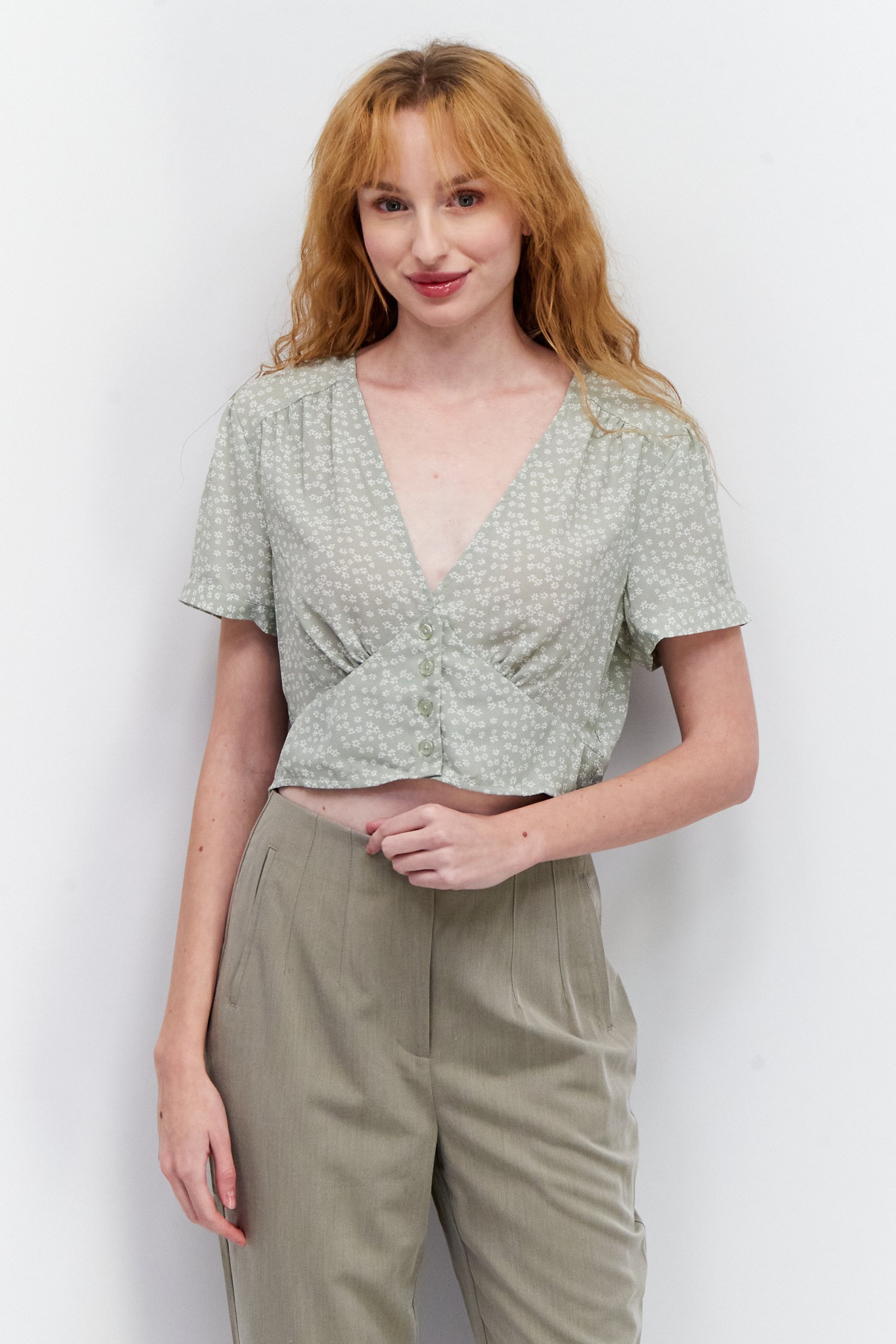 Women V Neck Short Sleeve Floral Print Blouse, Sage