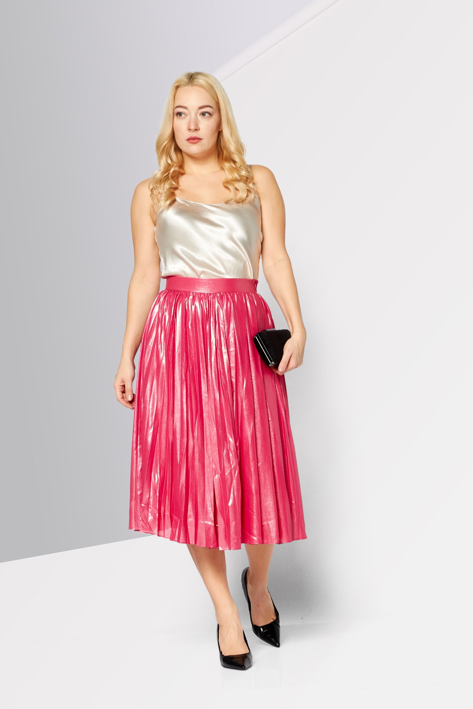 Women Pleated Synthetic Leather Midi Skirt, Pink