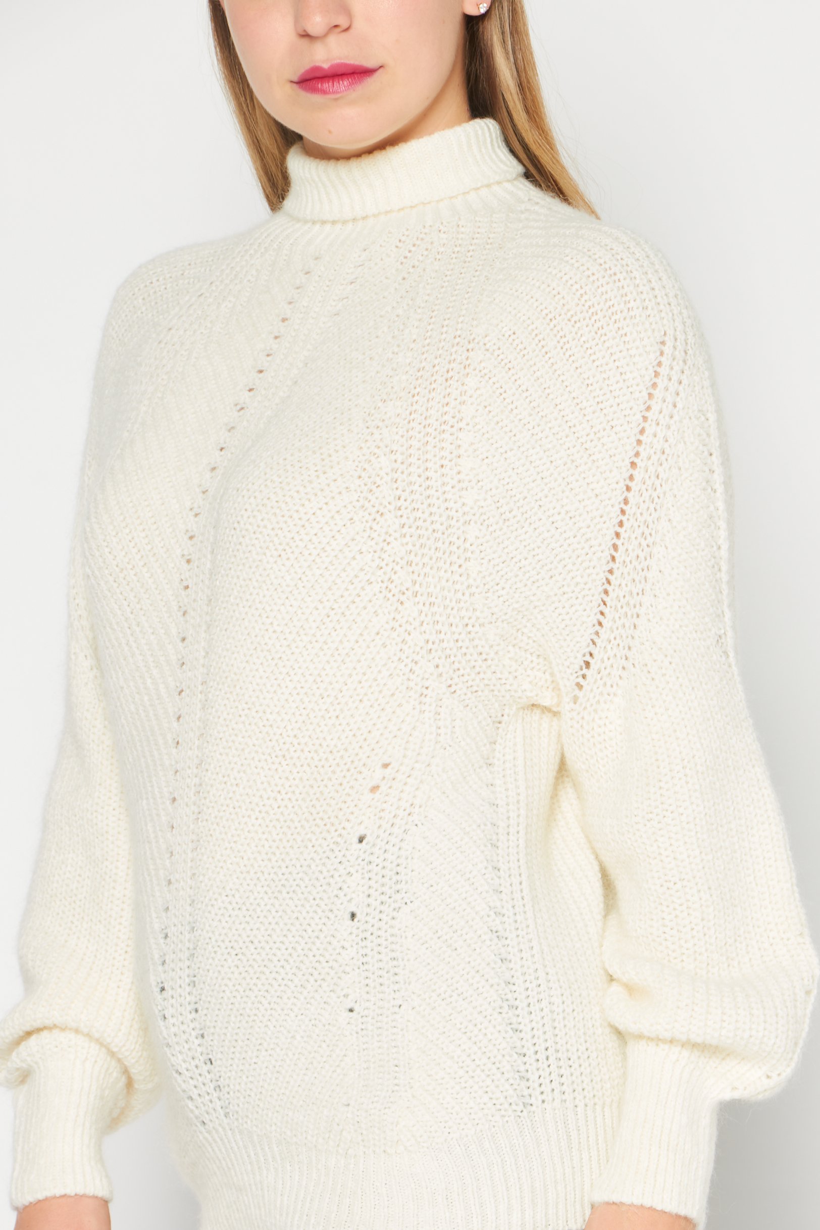 Women High Neck Knitted Sweater, White