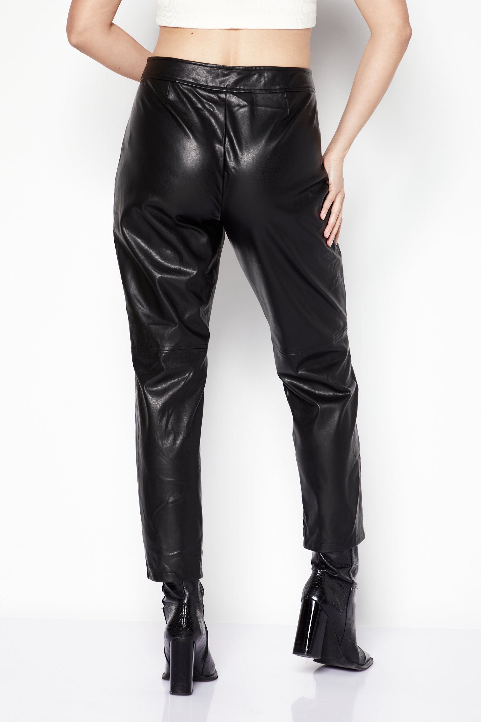 Women Regular Fit Plain Leather Pants, Black