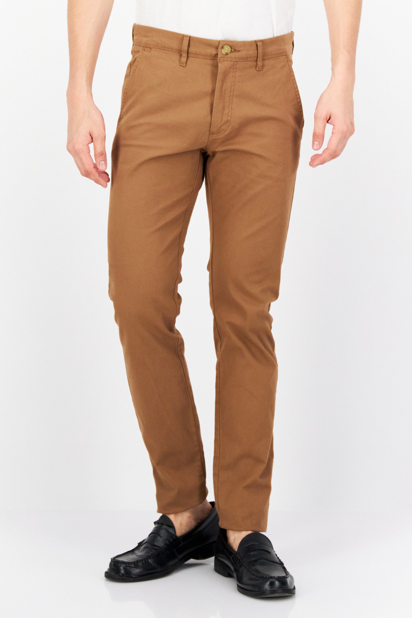Men Slim Fit Solid Stretchable Chino Pants, Camel Brown