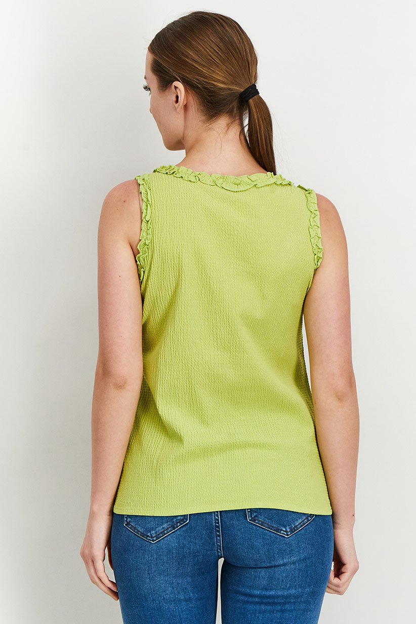 Women V-Neck Sleeveless Textured Top, Lime