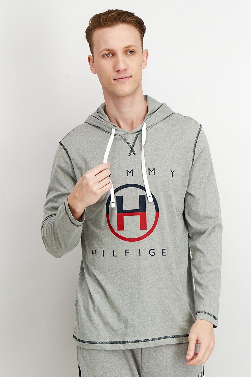 Men Hood With Drawstring Long Sleeve Brand Logo Sleepwear, Grey