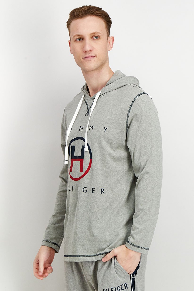 Men Hood With Drawstring Long Sleeve Brand Logo Sleepwear, Grey