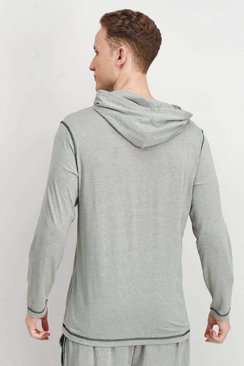 Men Hood With Drawstring Long Sleeve Brand Logo Sleepwear, Grey