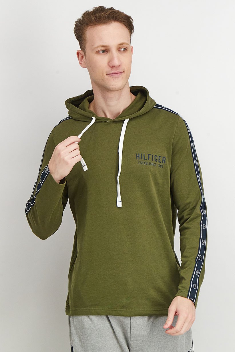 Men Hood With Drawstring Brand Logo Long Sleeves Sleepwear, Moss