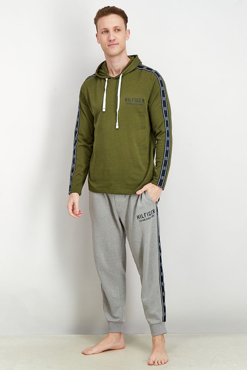 Men Hood With Drawstring Brand Logo Long Sleeves Sleepwear, Moss