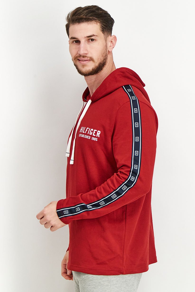 Men Hood With Drawstring Brand Logo Long Sleeves Sleepwear, Red/White
