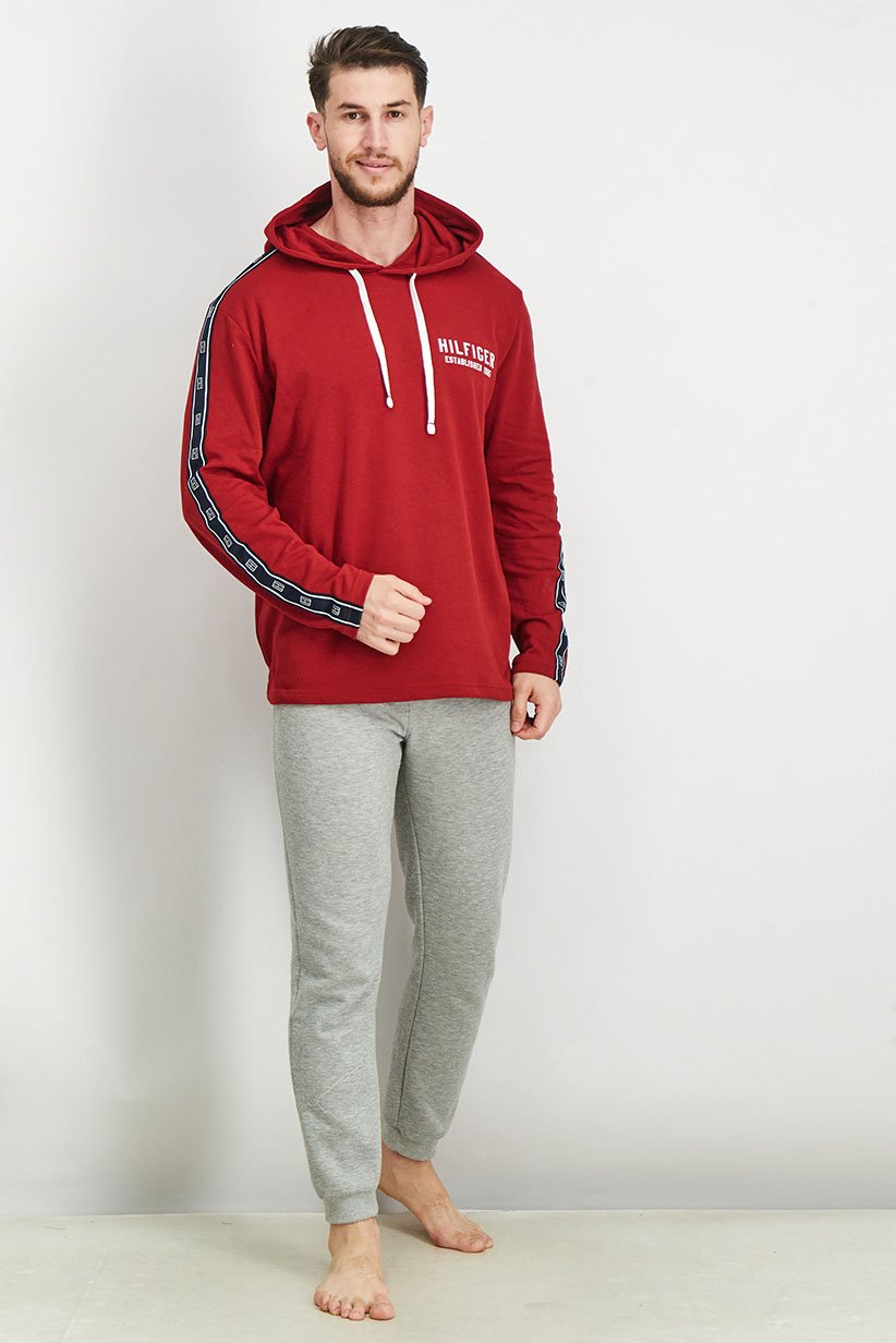Men Hood With Drawstring Brand Logo Long Sleeves Sleepwear, Red/White