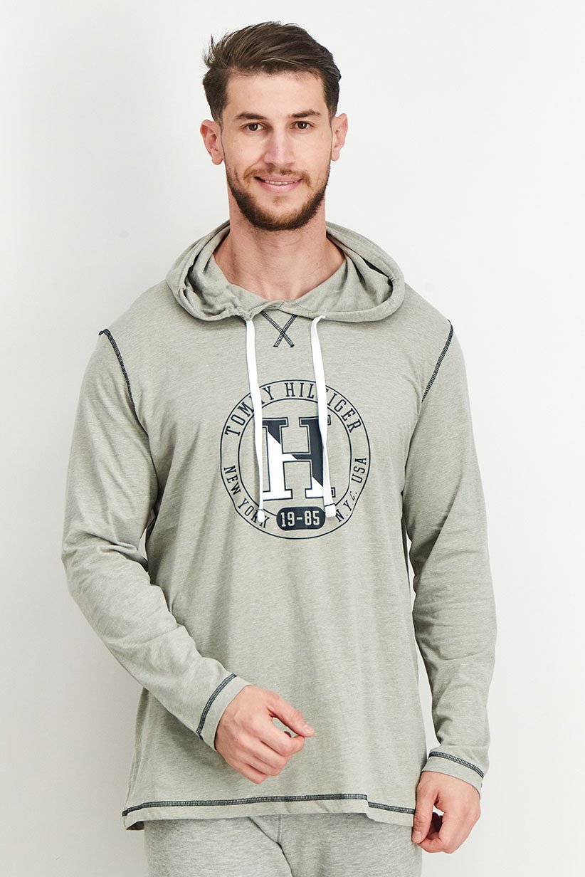 Men Hood With Drawstring Graphic Long Sleeves Sleepwear, Heather Grey