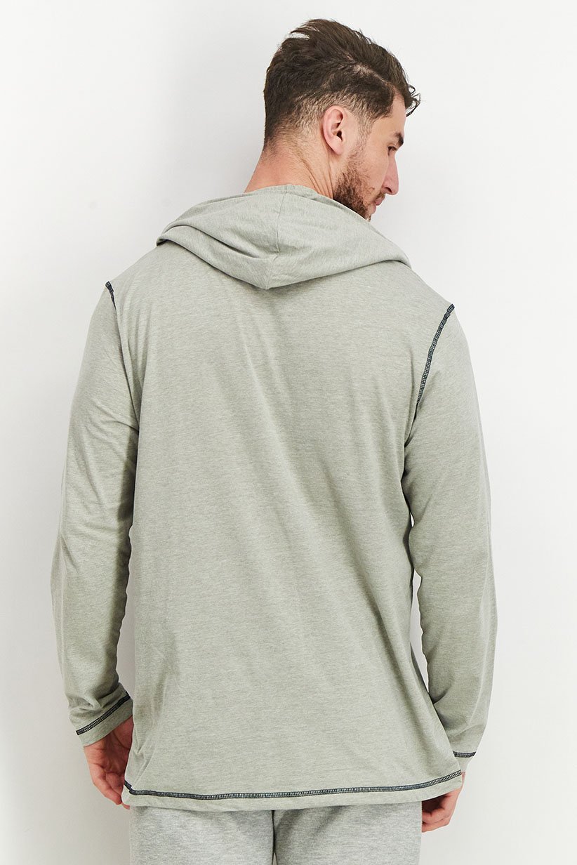 Men Hood With Drawstring Graphic Long Sleeves Sleepwear, Heather Grey
