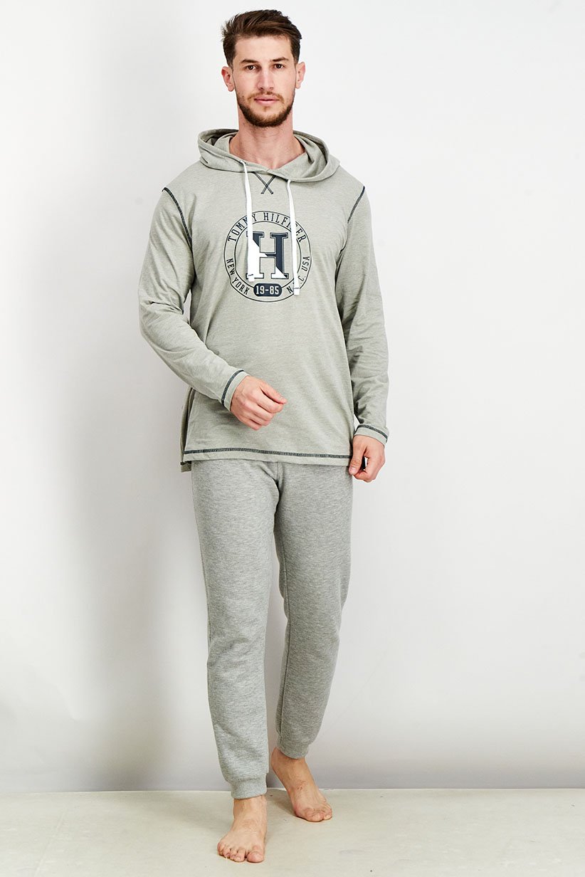 Men Hood With Drawstring Graphic Long Sleeves Sleepwear, Heather Grey
