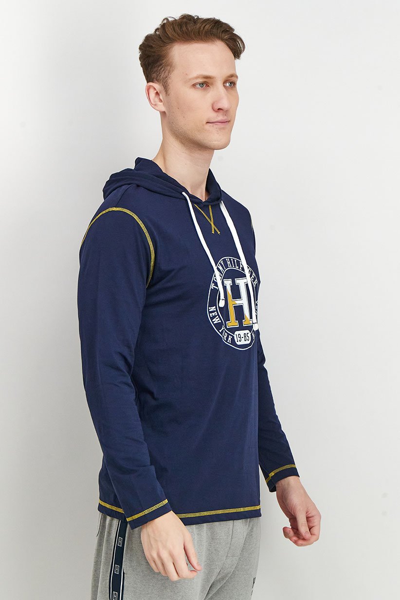 Men Printed Long Sleeve Hooded Sleepwear, Dark Navy Blue
