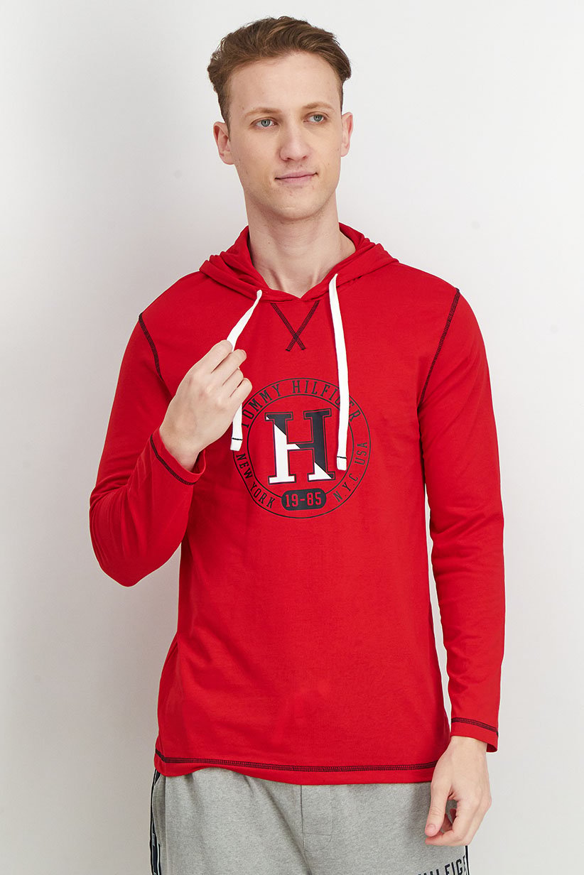 Men Hood With Drawstring Graphic Long Sleeves Sleepwear, Red