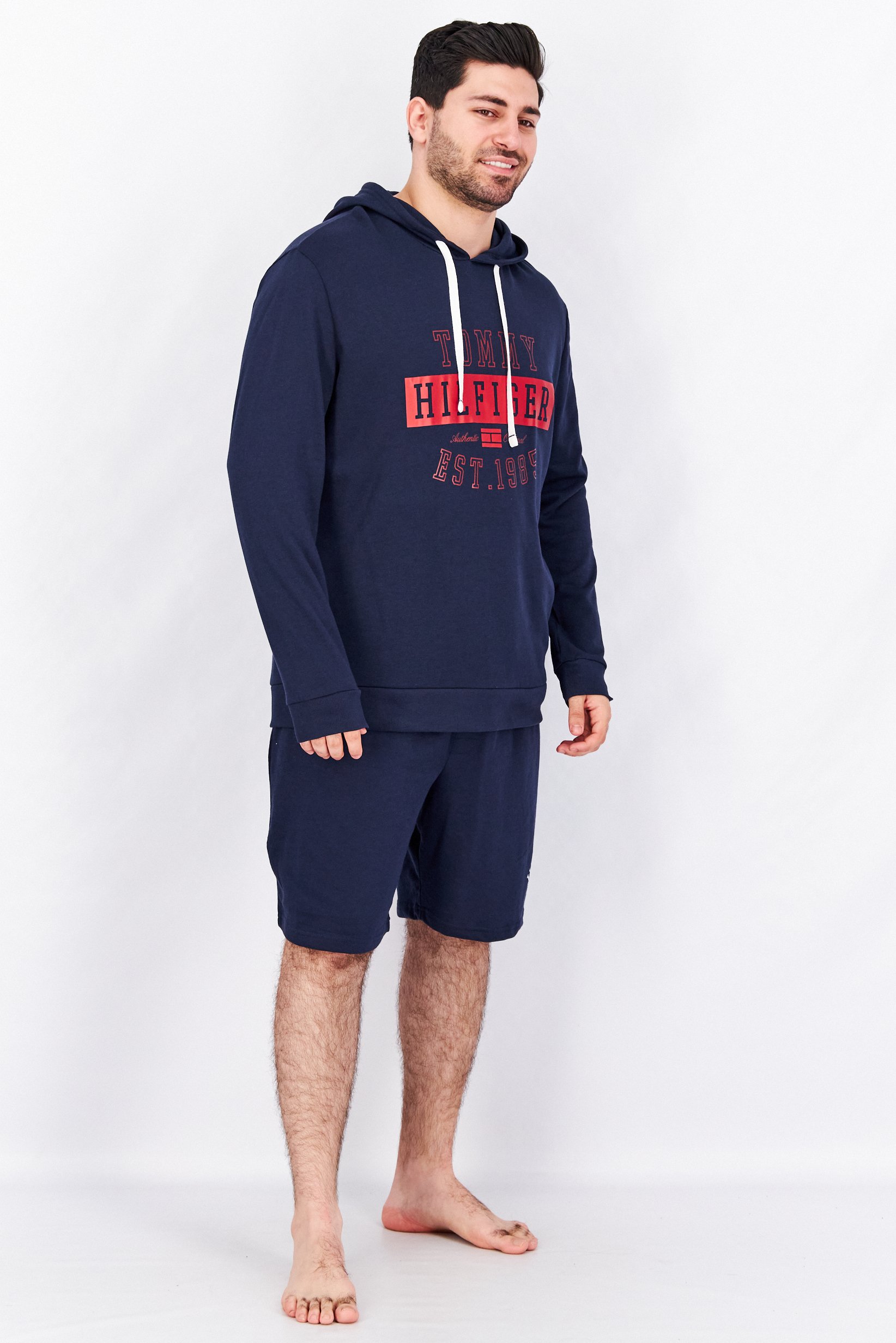 Men Hooded Brand Logo Long Sleeves Sweatshirt Sleepwear, Dark Navy