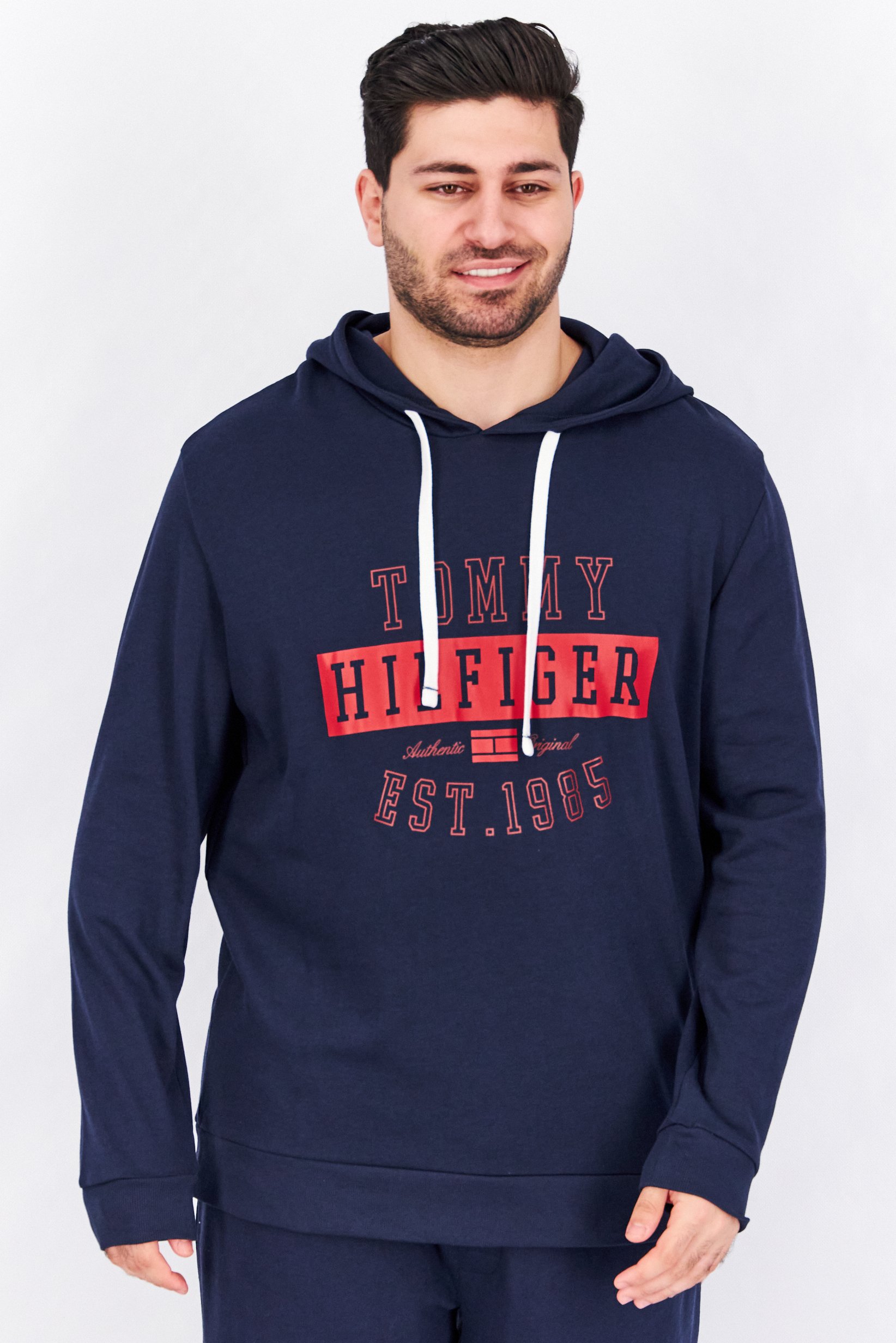 Men Hooded Brand Logo Long Sleeves Sweatshirt Sleepwear, Dark Navy