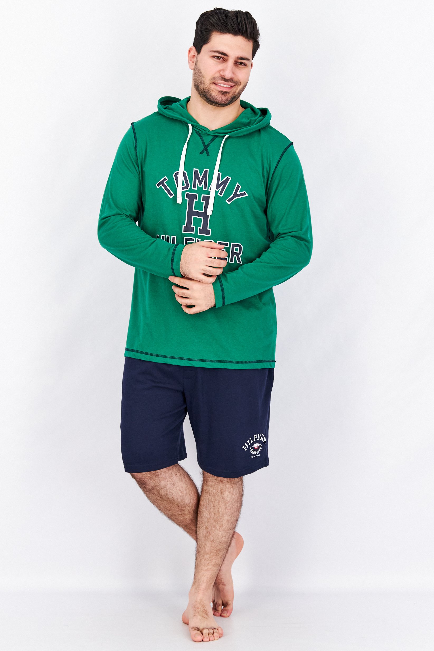 Men Graphic Full Sleeves Sleepwear Hooded Top, Basil