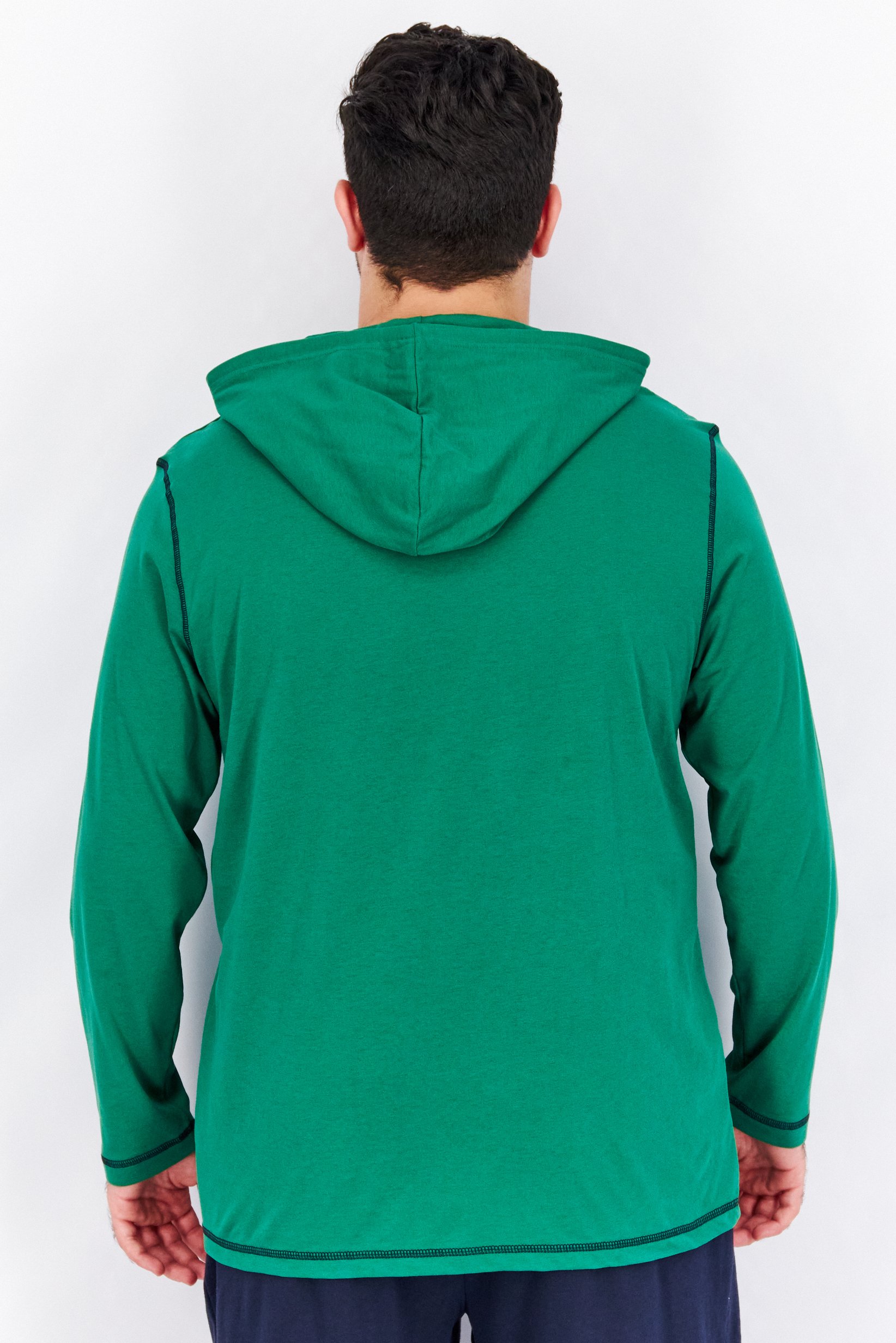 Men Graphic Full Sleeves Sleepwear Hooded Top, Basil