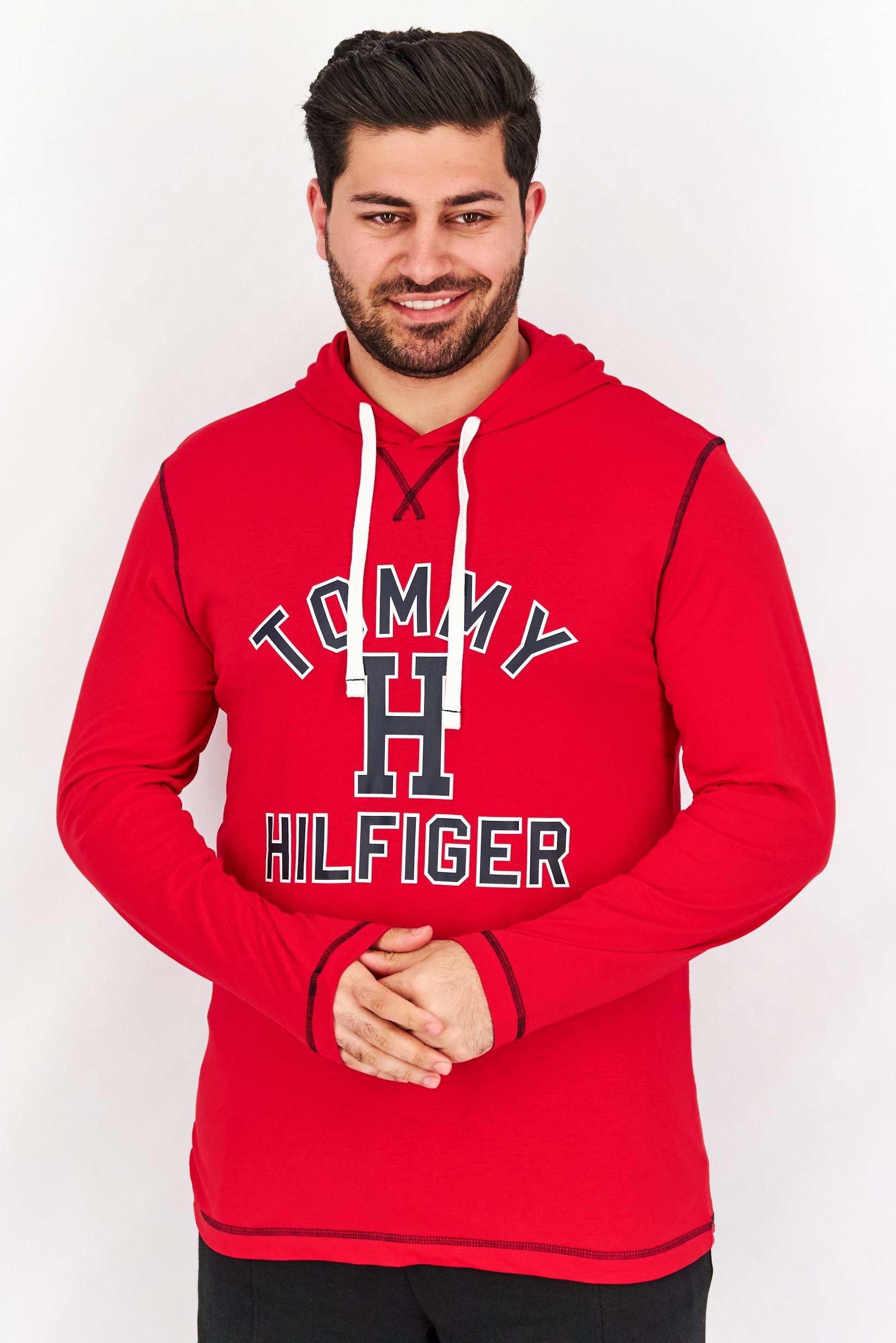 Men Graphic Print Full Sleeves Hooded Sleepwear T-Shirt, Red