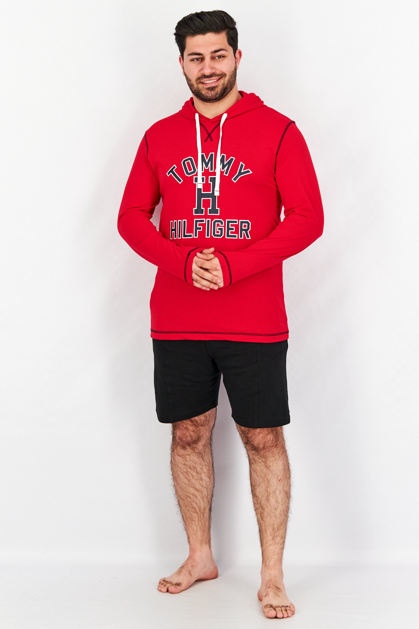 Men Graphic Print Full Sleeves Hooded Sleepwear T-Shirt, Red