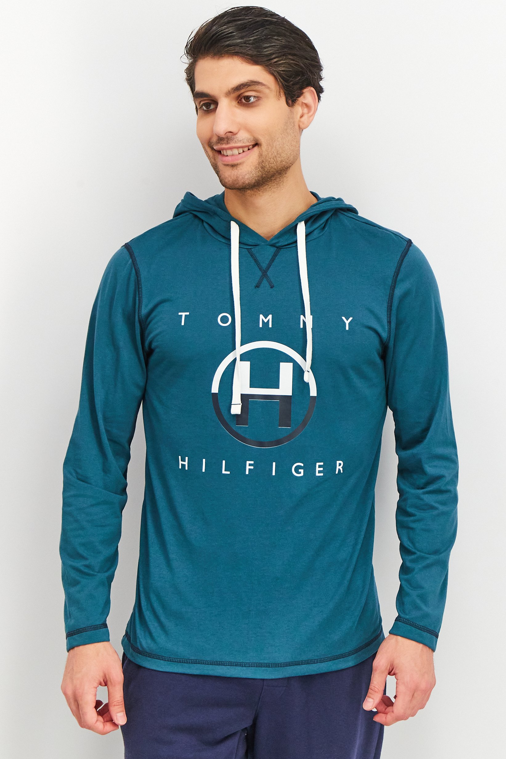 Men Hood With Drawstring Long Sleeve Brand Logo Sleepwear, Lagoon