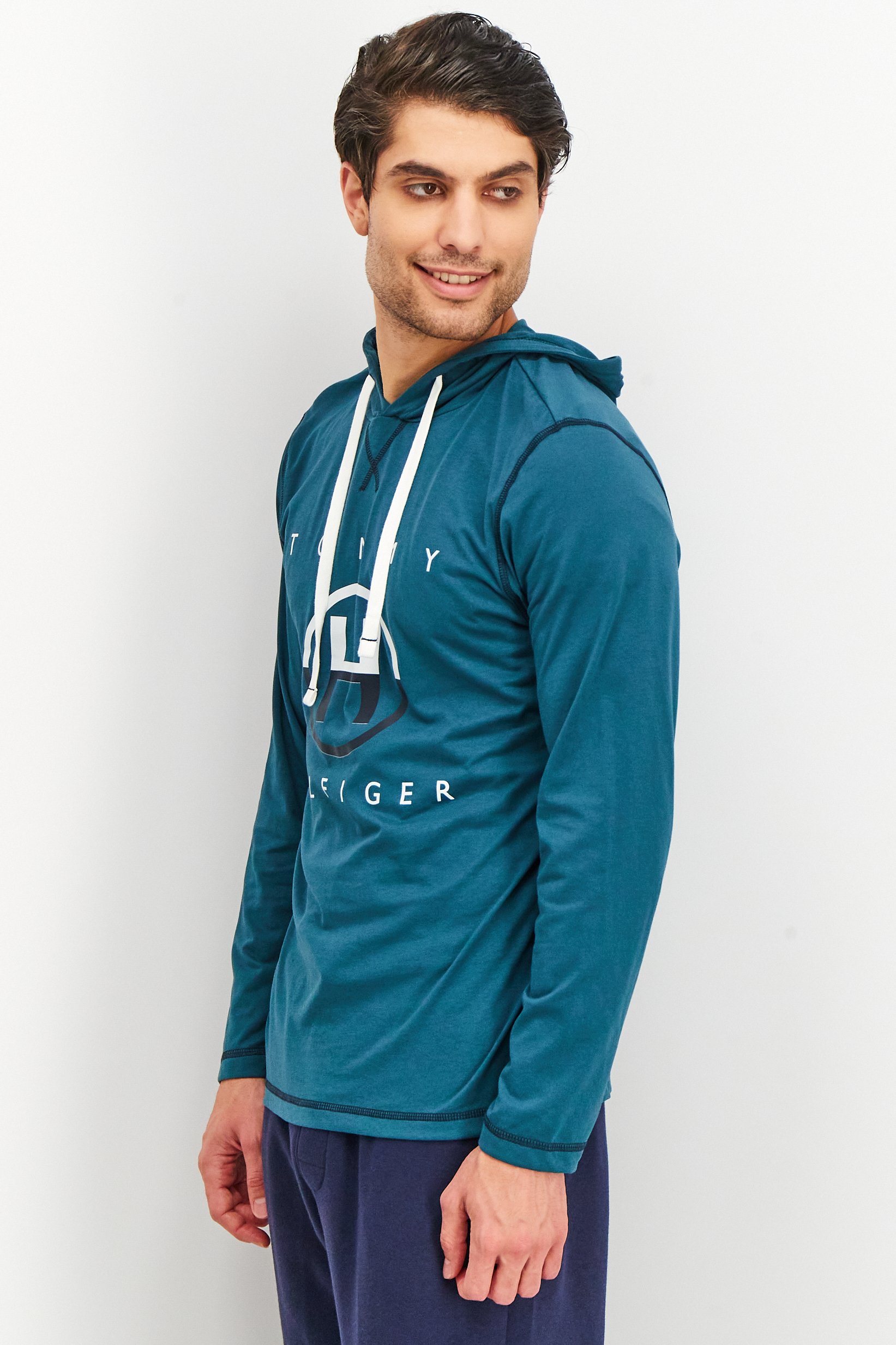 Men Hood With Drawstring Long Sleeve Brand Logo Sleepwear, Lagoon