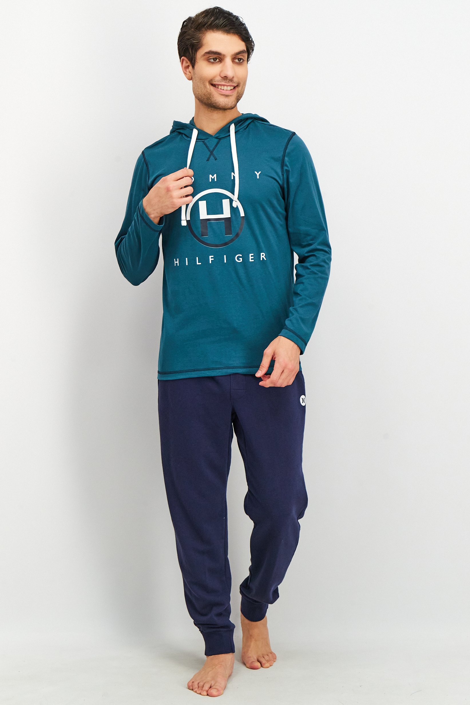 Men Hood With Drawstring Long Sleeve Brand Logo Sleepwear, Lagoon