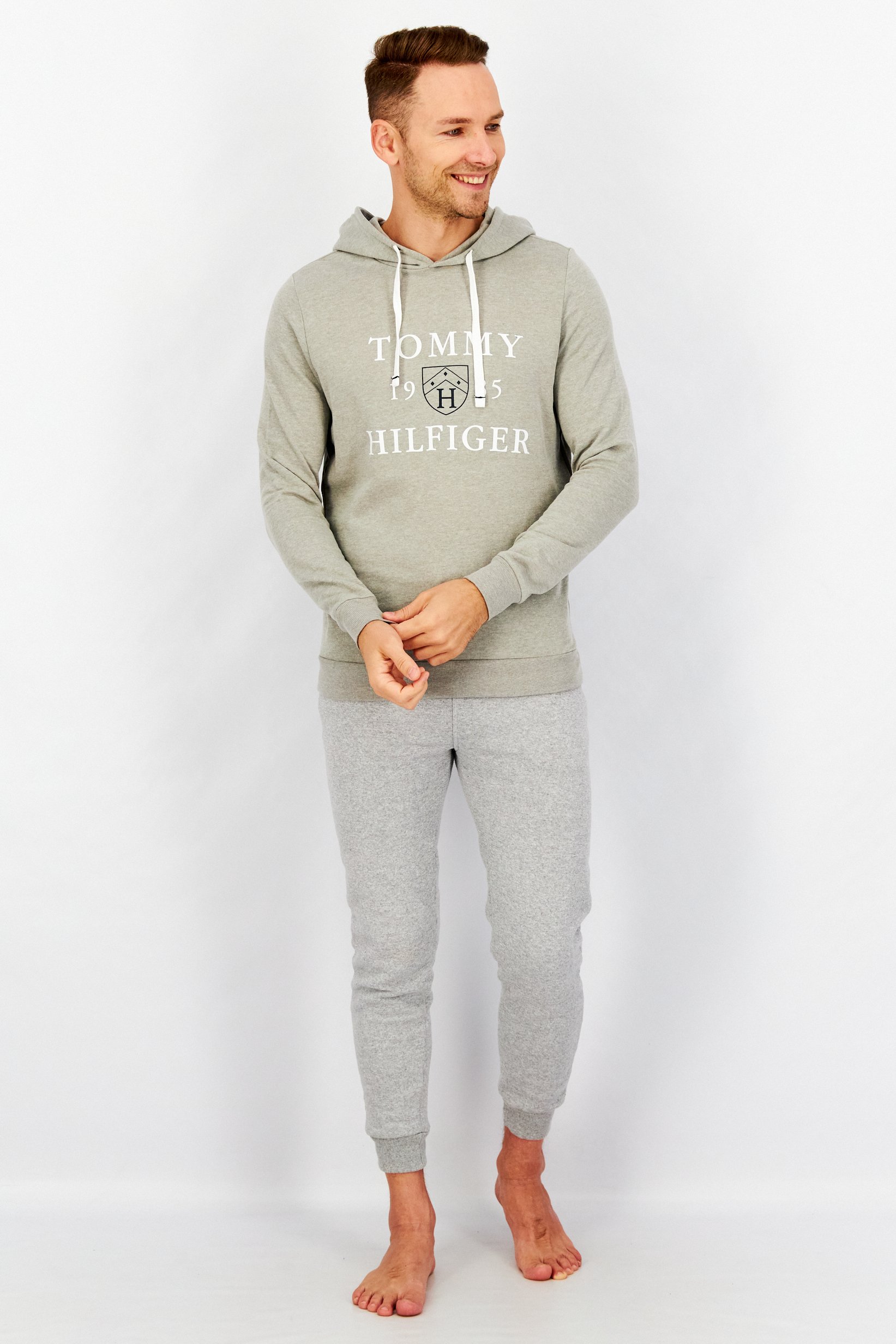 Men Hooded Long Sleeve Brand Logo Pajama Top, Grey
