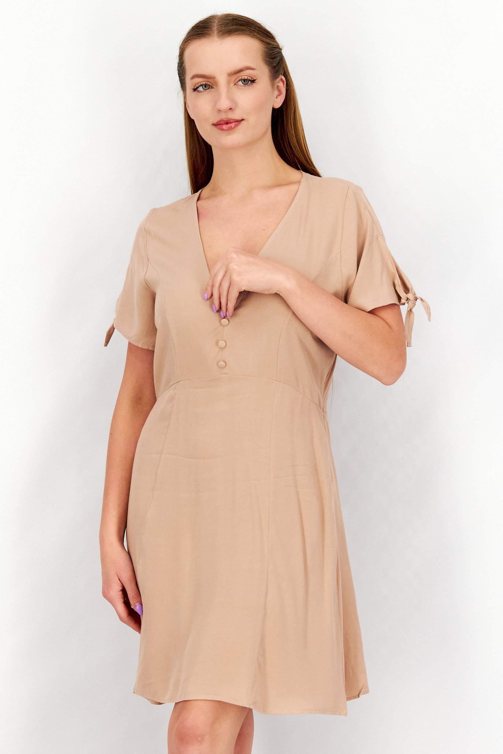 Women V-Neck Tie Sleeves Plain Mini Dress, Beige