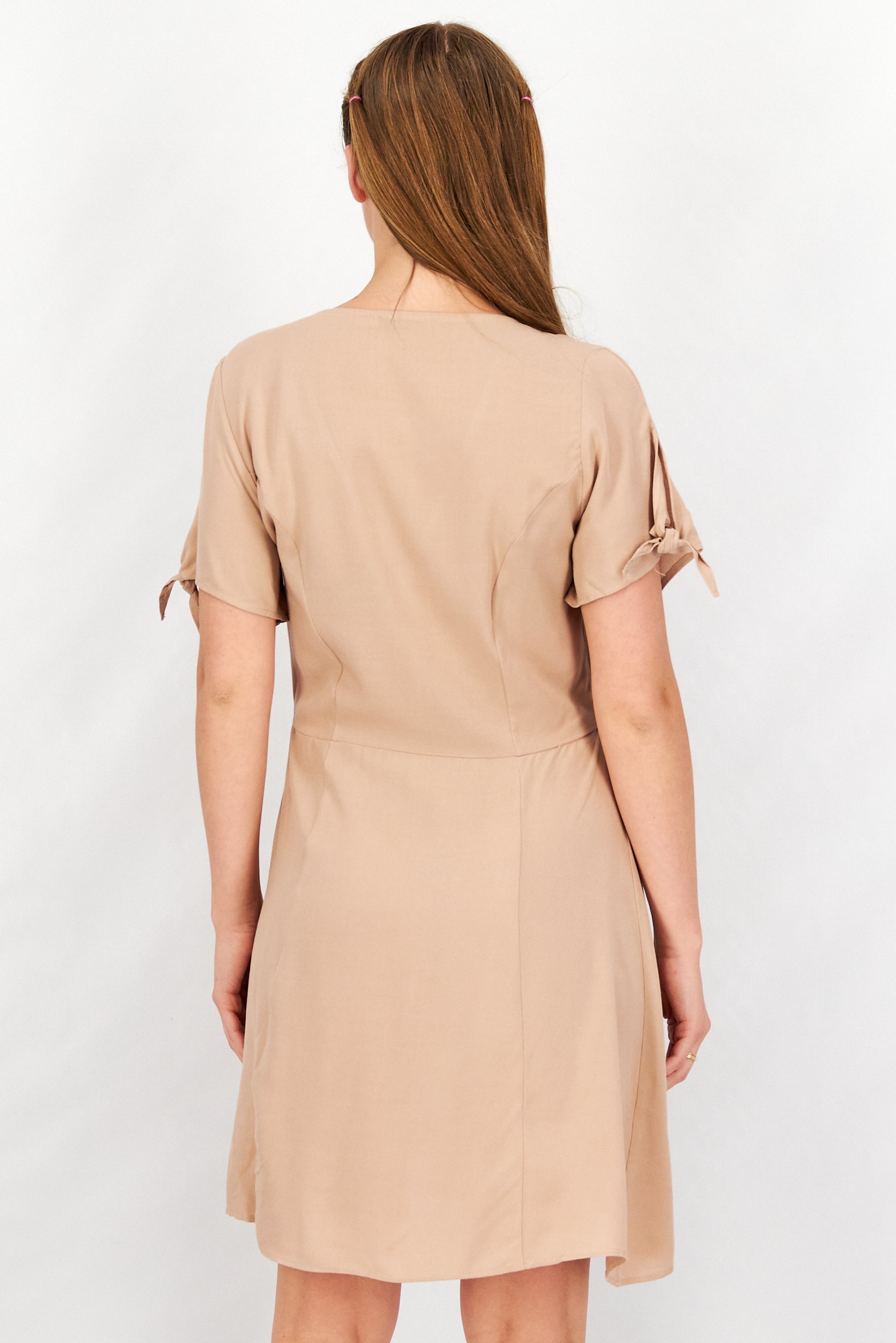 Women V-Neck Tie Sleeves Plain Mini Dress, Beige