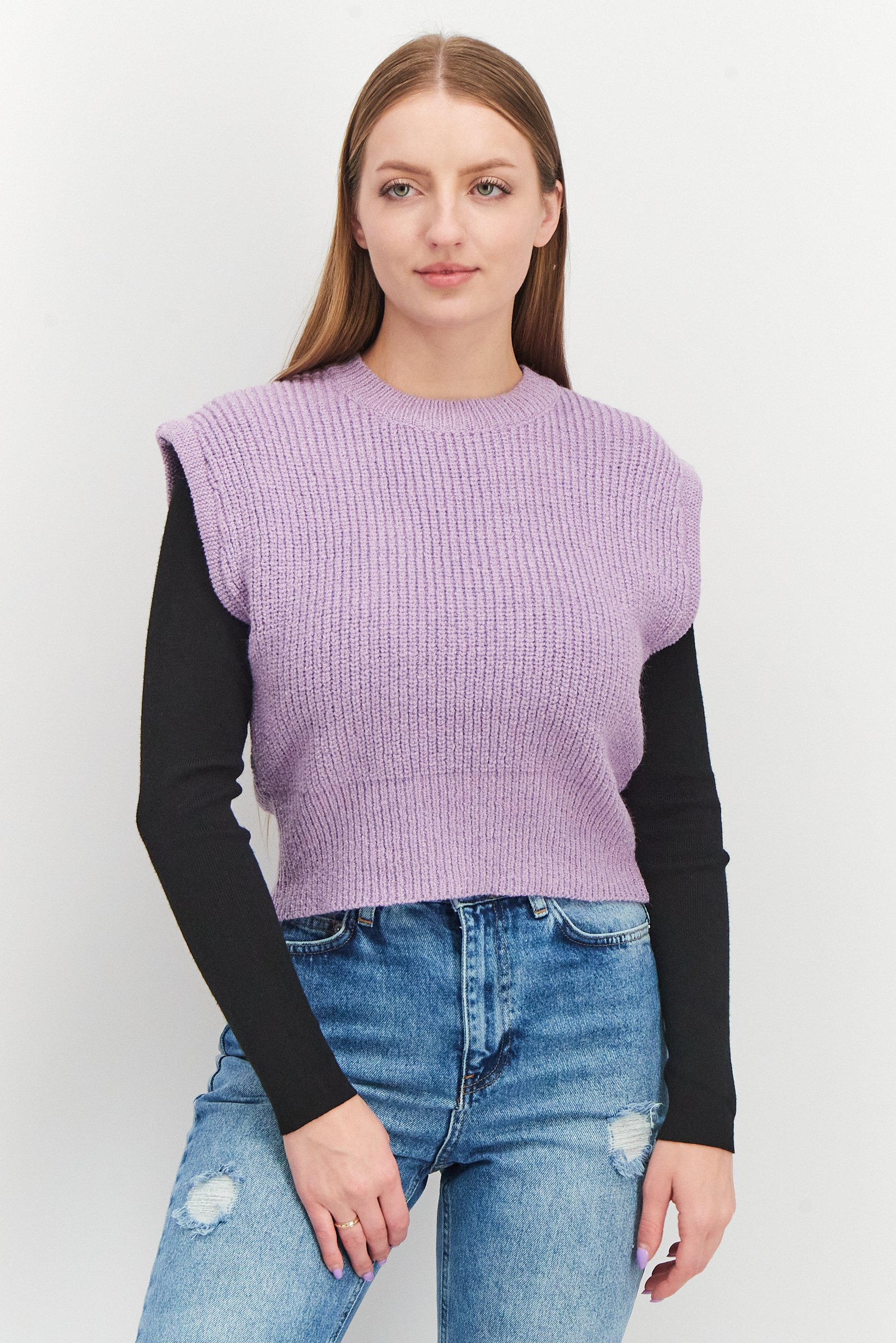 Women Crew Neck Knitted Sweater Vest, Light Purple